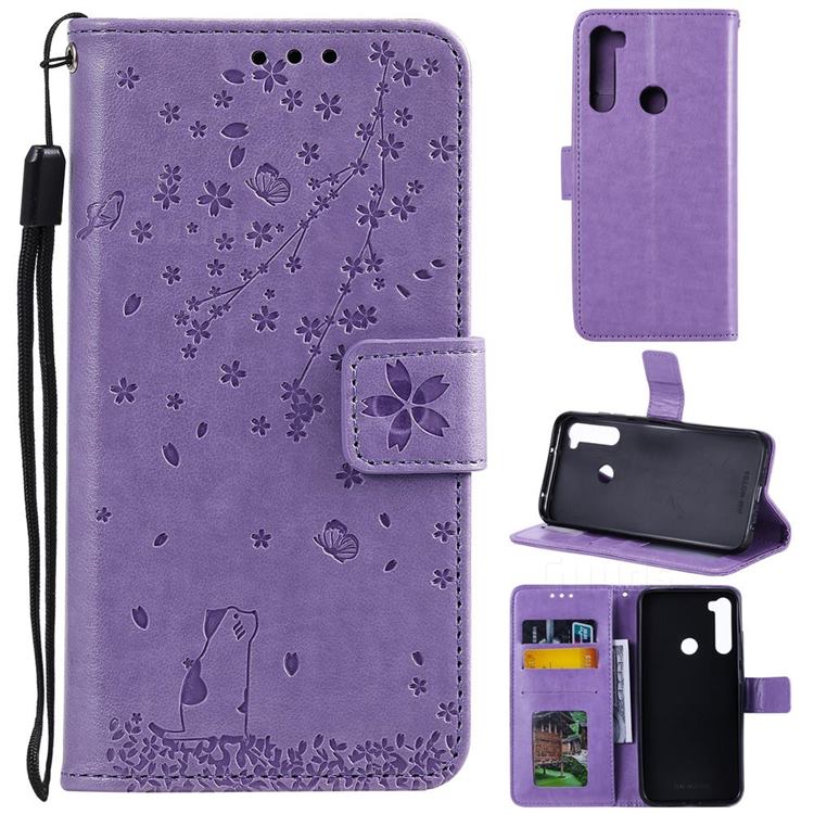 Embossing Cherry Blossom Cat Leather Wallet Case for Mi Xiaomi Redmi Note 8 - Purple