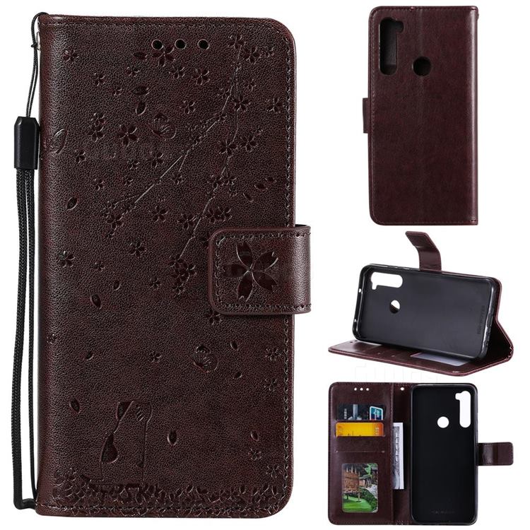 Embossing Cherry Blossom Cat Leather Wallet Case for Mi Xiaomi Redmi Note 8 - Brown