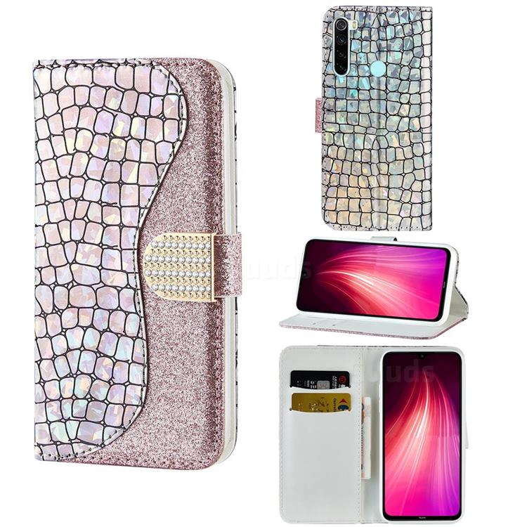 Glitter Diamond Buckle Laser Stitching Leather Wallet Phone Case for Mi Xiaomi Redmi Note 8 - Pink