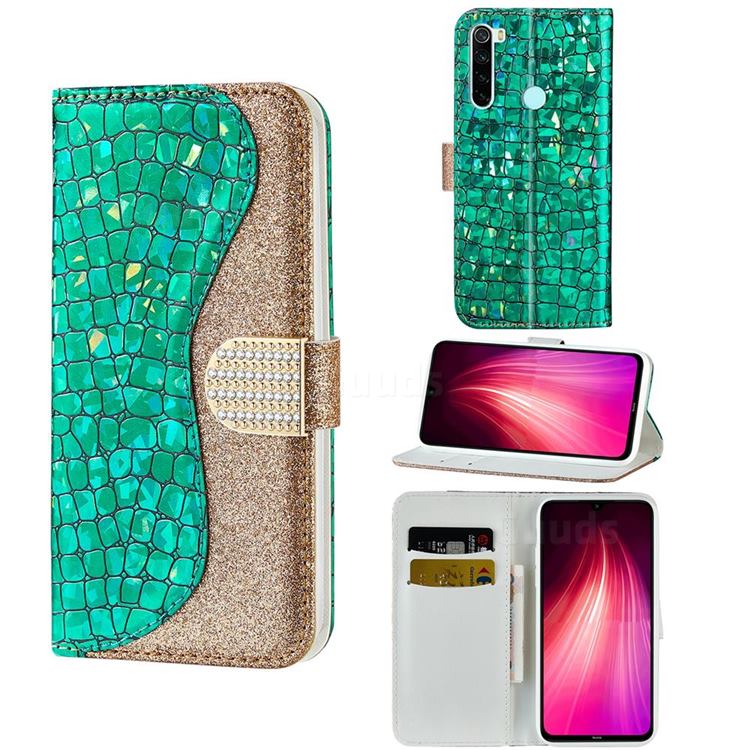 Glitter Diamond Buckle Laser Stitching Leather Wallet Phone Case for Mi Xiaomi Redmi Note 8 - Green