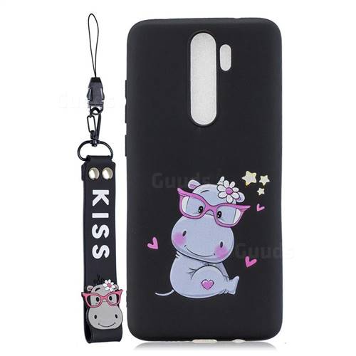 Black Flower Hippo Soft Kiss Candy Hand Strap Silicone Case for Mi Xiaomi Redmi Note 8 Pro