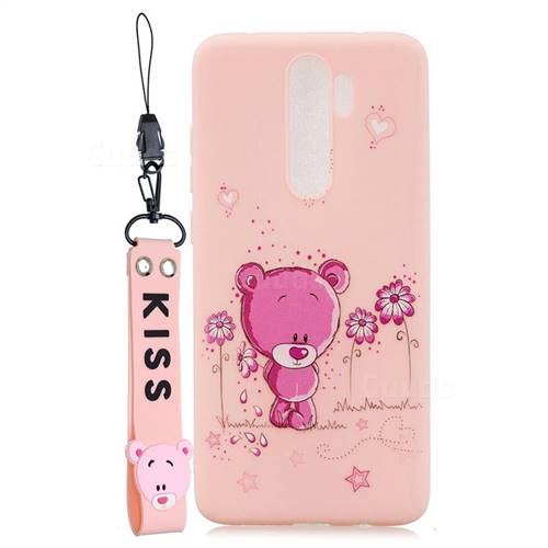 Pink Flower Bear Soft Kiss Candy Hand Strap Silicone Case for Mi Xiaomi Redmi Note 8 Pro