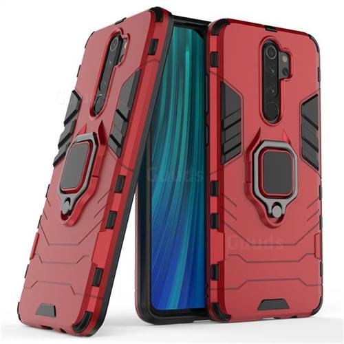 Black Panther Armor Metal Ring Grip Shockproof Dual Layer Rugged Hard Cover for Mi Xiaomi Redmi Note 8 Pro - Red