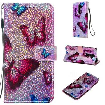 Blue Butterfly Sequins Painted Leather Wallet Case for Mi Xiaomi Redmi Note 8 Pro