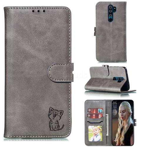 Embossing Happy Cat Leather Wallet Case for Mi Xiaomi Redmi Note 8 Pro - Gray