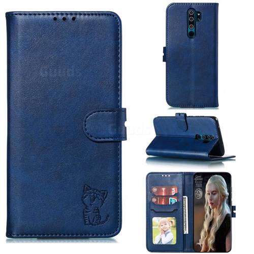 Embossing Happy Cat Leather Wallet Case for Mi Xiaomi Redmi Note 8 Pro - Blue