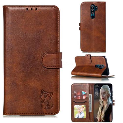 Embossing Happy Cat Leather Wallet Case for Mi Xiaomi Redmi Note 8 Pro - Brown