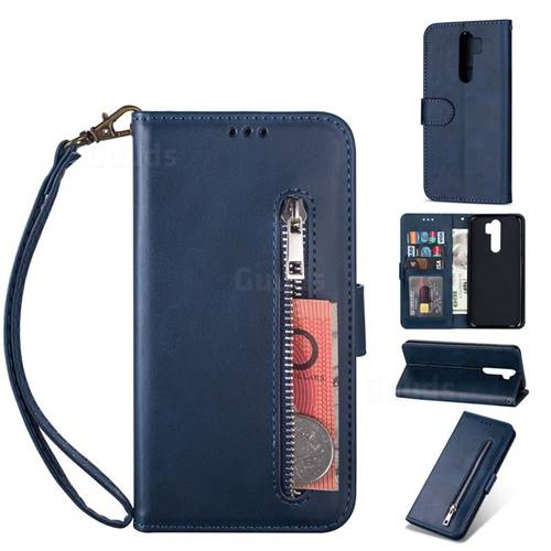 Retro Calfskin Zipper Leather Wallet Case Cover for Mi Xiaomi Redmi Note 8 Pro - Blue