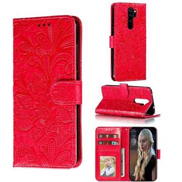 Intricate Embossing Lace Jasmine Flower Leather Wallet Case for Mi Xiaomi Redmi Note 8 Pro - Red