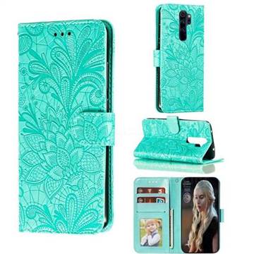 Intricate Embossing Lace Jasmine Flower Leather Wallet Case for Mi Xiaomi Redmi Note 8 Pro - Green