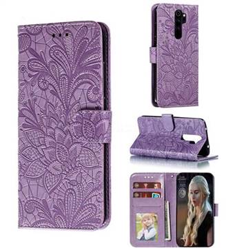 Intricate Embossing Lace Jasmine Flower Leather Wallet Case for Mi Xiaomi Redmi Note 8 Pro - Purple