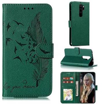 Intricate Embossing Lychee Feather Bird Leather Wallet Case for Mi Xiaomi Redmi Note 8 Pro - Green