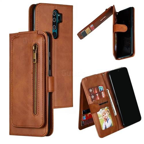 Multifunction 9 Cards Leather Zipper Wallet Phone Case for Mi Xiaomi Redmi Note 8 Pro - Brown