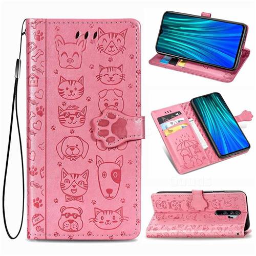 Embossing Dog Paw Kitten and Puppy Leather Wallet Case for Mi Xiaomi Redmi Note 8 Pro - Pink