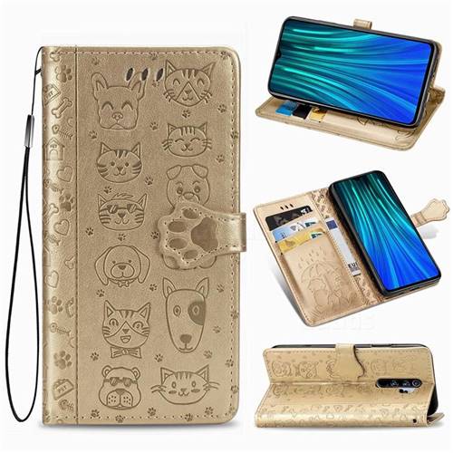 Embossing Dog Paw Kitten and Puppy Leather Wallet Case for Mi Xiaomi Redmi Note 8 Pro - Champagne Gold
