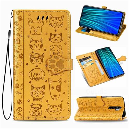 Embossing Dog Paw Kitten and Puppy Leather Wallet Case for Mi Xiaomi Redmi Note 8 Pro - Yellow