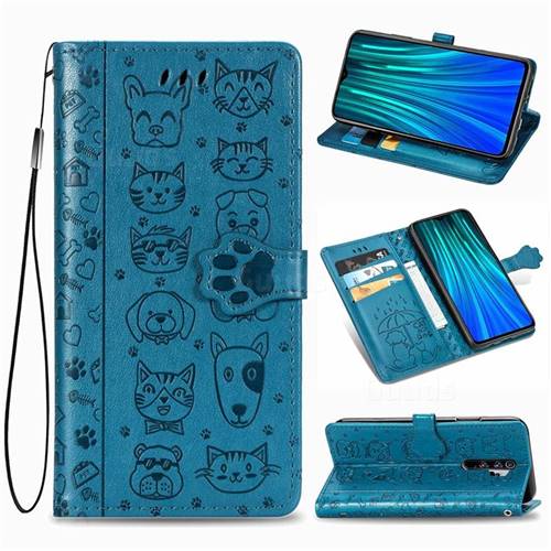 Embossing Dog Paw Kitten and Puppy Leather Wallet Case for Mi Xiaomi Redmi Note 8 Pro - Blue