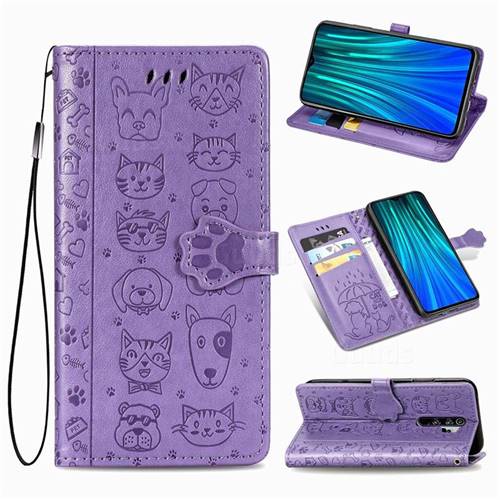 Embossing Dog Paw Kitten and Puppy Leather Wallet Case for Mi Xiaomi Redmi Note 8 Pro - Purple