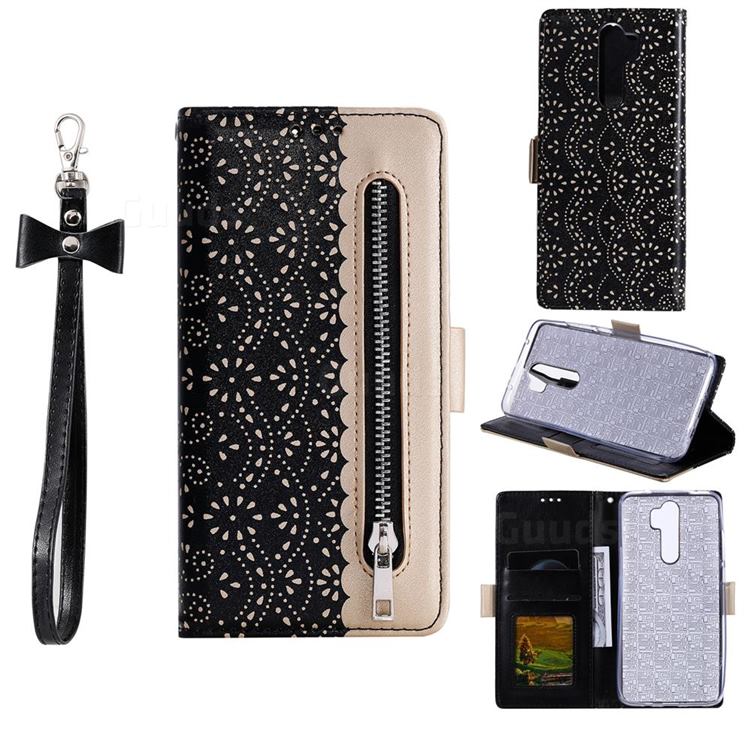 Luxury Lace Zipper Stitching Leather Phone Wallet Case for Mi Xiaomi Redmi Note 8 Pro - Black