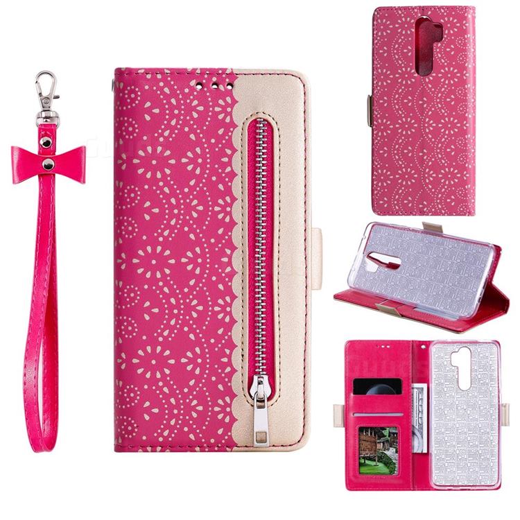 Luxury Lace Zipper Stitching Leather Phone Wallet Case for Mi Xiaomi Redmi Note 8 Pro - Rose