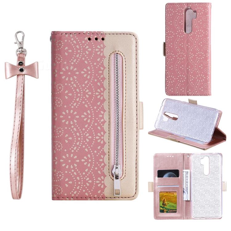 Luxury Lace Zipper Stitching Leather Phone Wallet Case for Mi Xiaomi Redmi Note 8 Pro - Pink