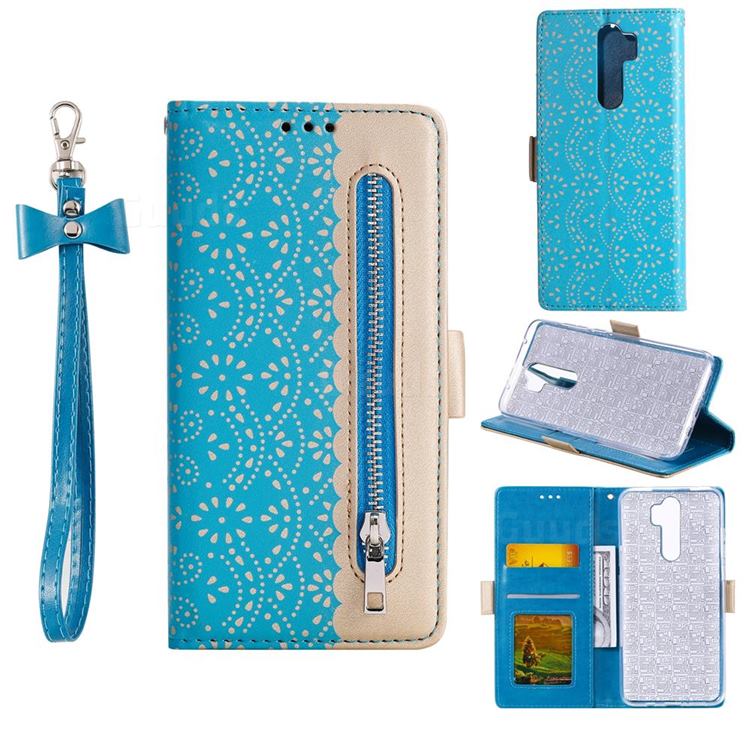 Luxury Lace Zipper Stitching Leather Phone Wallet Case for Mi Xiaomi Redmi Note 8 Pro - Blue