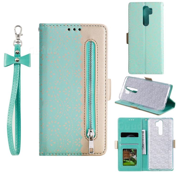 Luxury Lace Zipper Stitching Leather Phone Wallet Case for Mi Xiaomi Redmi Note 8 Pro - Green