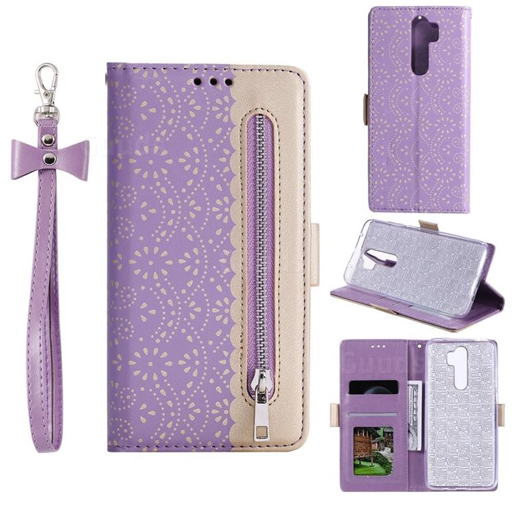 Luxury Lace Zipper Stitching Leather Phone Wallet Case for Mi Xiaomi Redmi Note 8 Pro - Purple