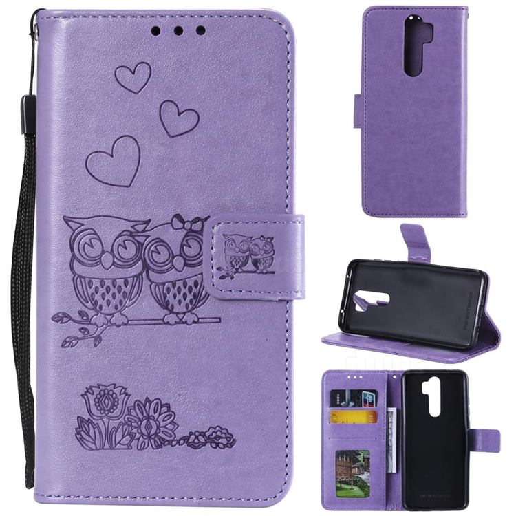 Embossing Owl Couple Flower Leather Wallet Case for Mi Xiaomi Redmi Note 8 Pro - Purple