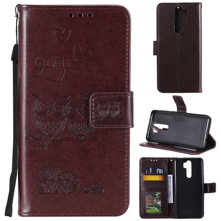 Embossing Owl Couple Flower Leather Wallet Case for Mi Xiaomi Redmi Note 8 Pro - Brown
