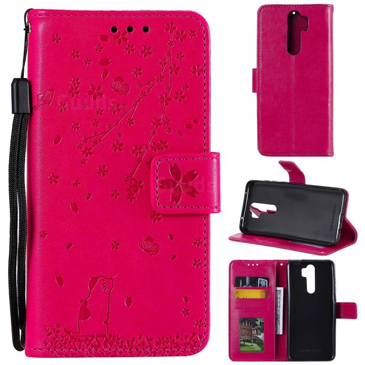 Embossing Cherry Blossom Cat Leather Wallet Case for Mi Xiaomi Redmi Note 8 Pro - Rose