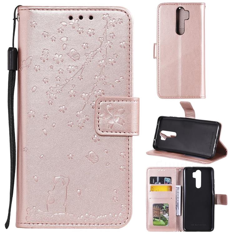 Embossing Cherry Blossom Cat Leather Wallet Case for Mi Xiaomi Redmi Note 8 Pro - Rose Gold