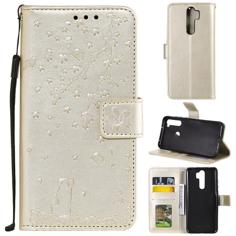 Embossing Cherry Blossom Cat Leather Wallet Case for Mi Xiaomi Redmi Note 8 Pro - Golden