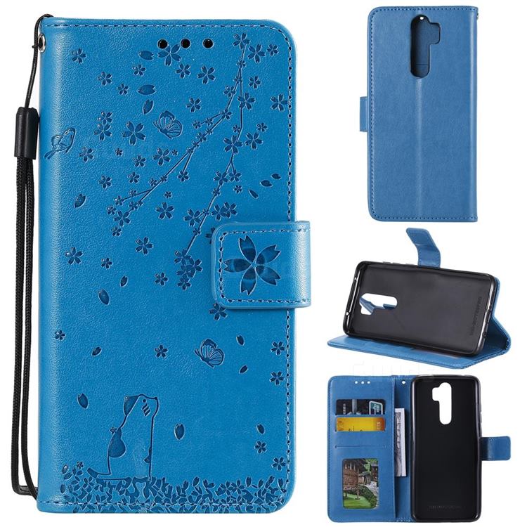 Embossing Cherry Blossom Cat Leather Wallet Case for Mi Xiaomi Redmi Note 8 Pro - Blue