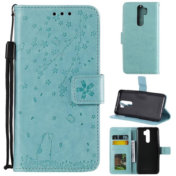 Embossing Cherry Blossom Cat Leather Wallet Case for Mi Xiaomi Redmi Note 8 Pro - Green