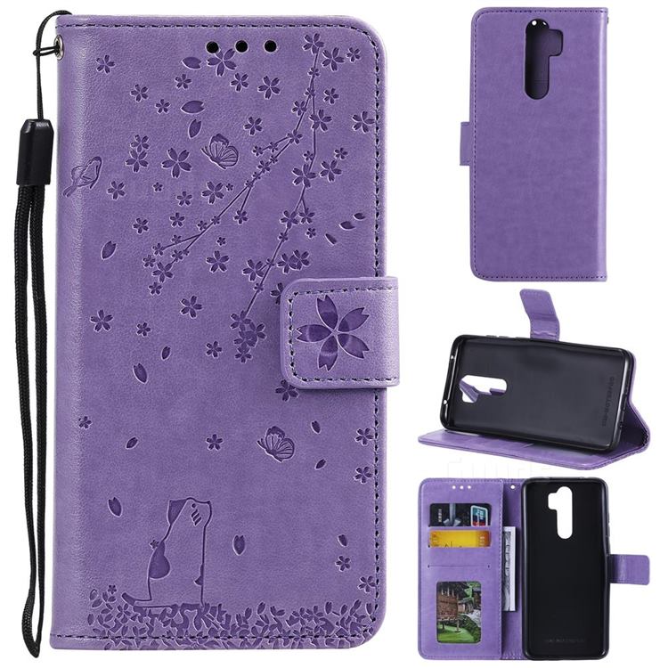 Embossing Cherry Blossom Cat Leather Wallet Case for Mi Xiaomi Redmi Note 8 Pro - Purple