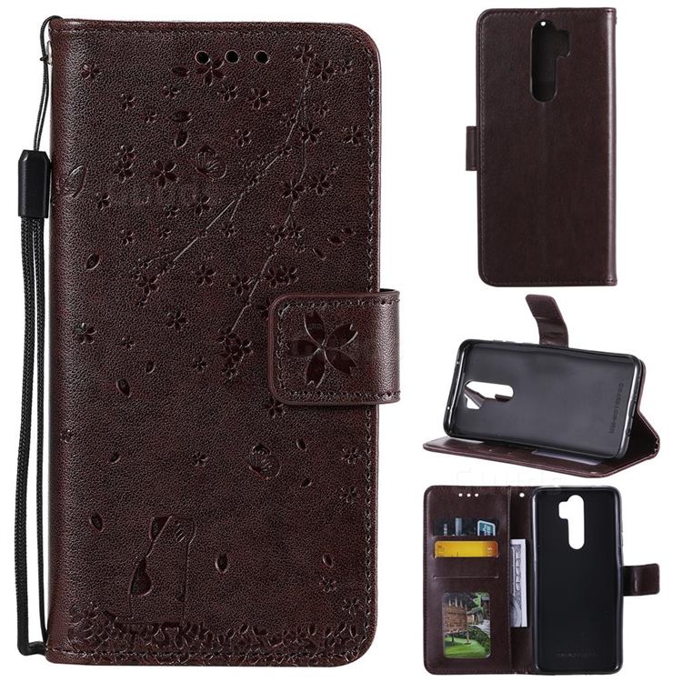 Embossing Cherry Blossom Cat Leather Wallet Case for Mi Xiaomi Redmi Note 8 Pro - Brown