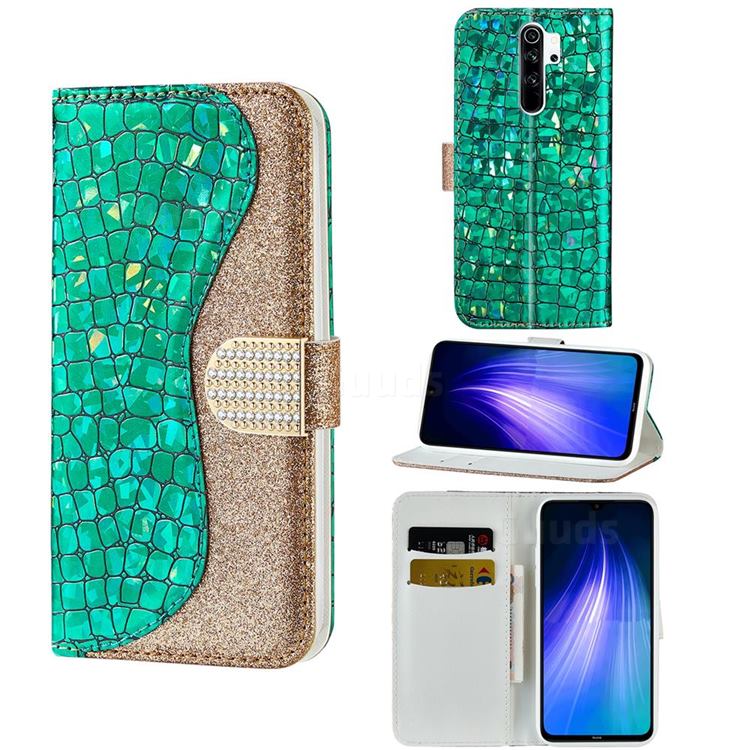 Glitter Diamond Buckle Laser Stitching Leather Wallet Phone Case for Mi Xiaomi Redmi Note 8 Pro - Green
