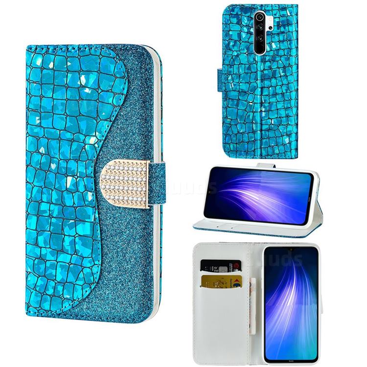 Glitter Diamond Buckle Laser Stitching Leather Wallet Phone Case for Mi Xiaomi Redmi Note 8 Pro - Blue