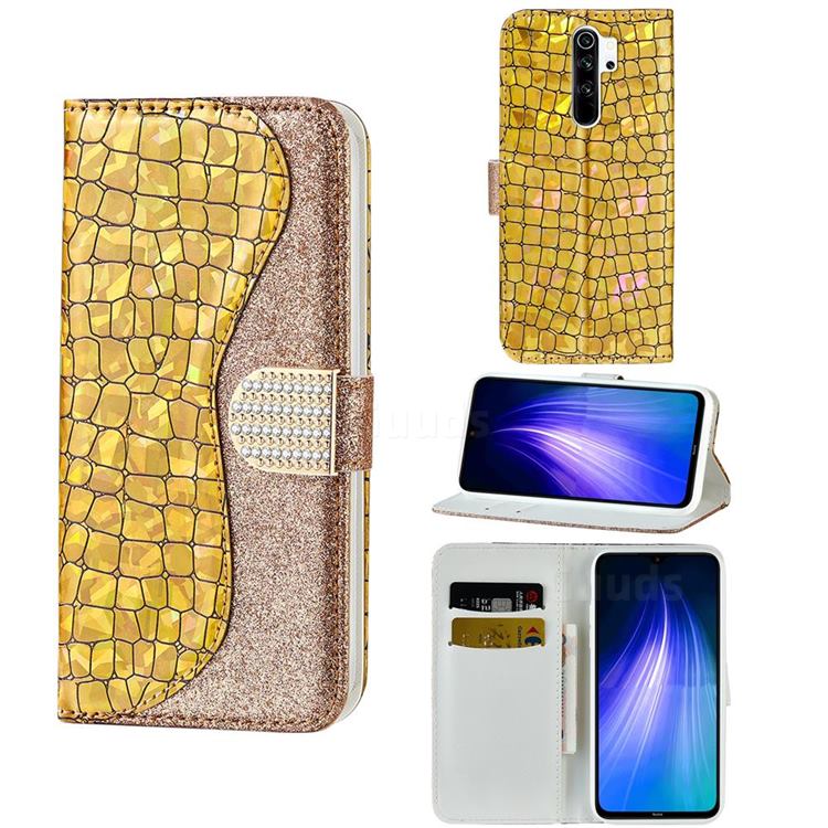 Glitter Diamond Buckle Laser Stitching Leather Wallet Phone Case for Mi Xiaomi Redmi Note 8 Pro - Gold