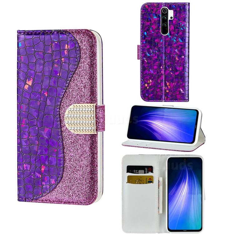 Glitter Diamond Buckle Laser Stitching Leather Wallet Phone Case for Mi Xiaomi Redmi Note 8 Pro - Purple