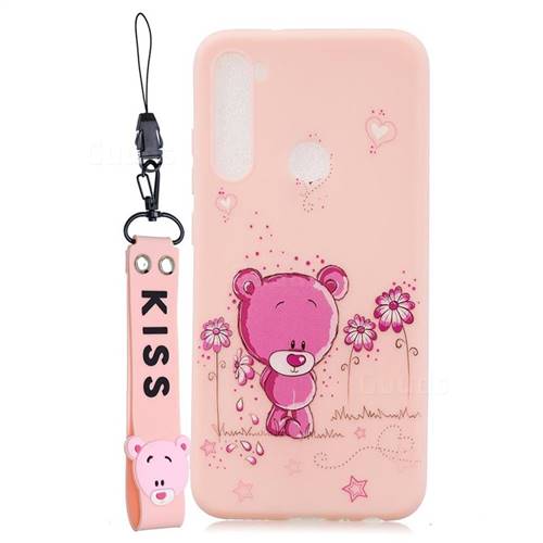 Pink Flower Bear Soft Kiss Candy Hand Strap Silicone Case for Mi Xiaomi Redmi Note 8T