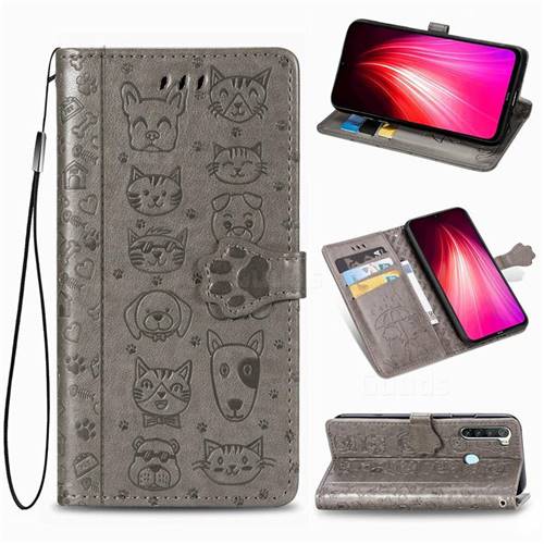 Embossing Dog Paw Kitten and Puppy Leather Wallet Case for Mi Xiaomi Redmi Note 8T - Gray