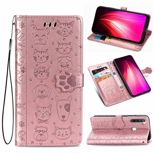 Embossing Dog Paw Kitten and Puppy Leather Wallet Case for Mi Xiaomi Redmi Note 8T - Rose Gold