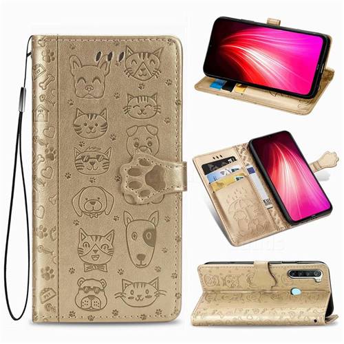 Embossing Dog Paw Kitten and Puppy Leather Wallet Case for Mi Xiaomi Redmi Note 8T - Champagne Gold