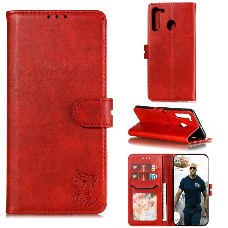 Embossing Happy Cat Leather Wallet Case for Mi Xiaomi Redmi Note 8T - Red