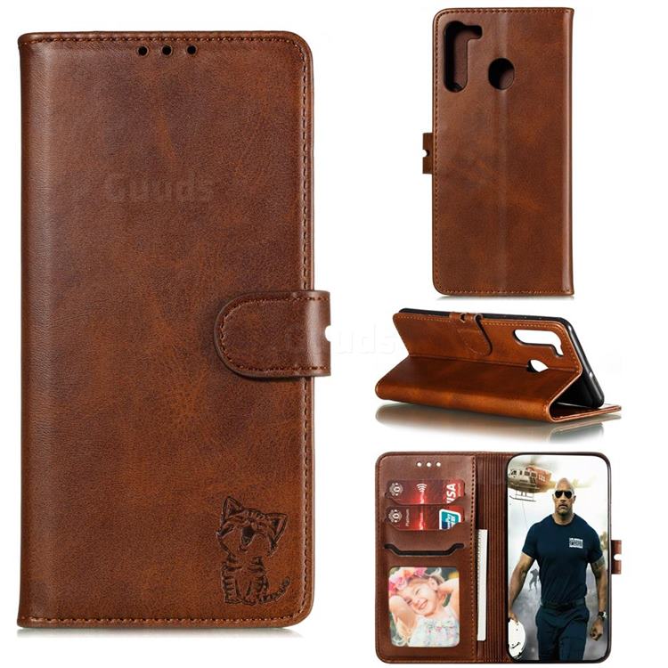 Embossing Happy Cat Leather Wallet Case for Mi Xiaomi Redmi Note 8T - Brown