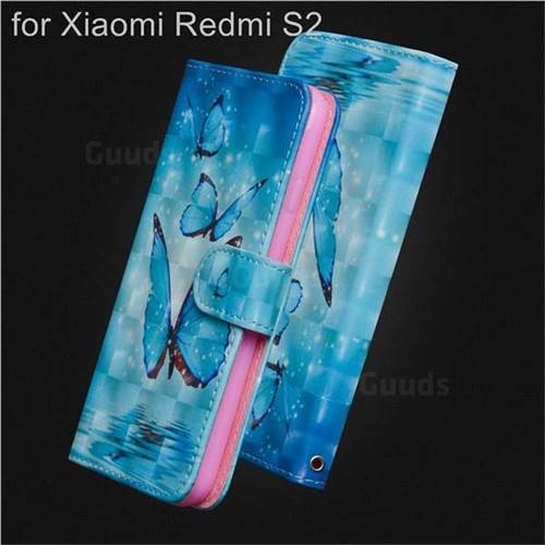 Blue Sea Butterflies 3D Painted Leather Wallet Case for Mi Xiaomi Redmi S2 (Redmi Y2)