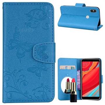 Embossing Butterfly Morning Glory Mirror Leather Wallet Case for Mi Xiaomi Redmi S2 (Redmi Y2) - Blue