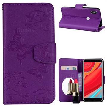 Embossing Butterfly Morning Glory Mirror Leather Wallet Case for Mi Xiaomi Redmi S2 (Redmi Y2) - Purple